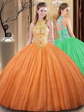 Pretty Backless High-neck Sleeveless Vestidos de Quinceanera Floor Length Embroidery and Hand Made Flower Orange Tulle
