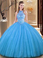Hot Selling Backless Baby Blue Sleeveless Embroidery Floor Length 15 Quinceanera Dress