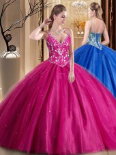 Hot Pink Spaghetti Straps Neckline Beading and Appliques 15 Quinceanera Dress Sleeveless Lace Up