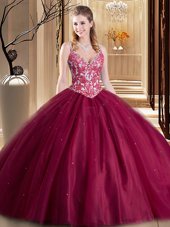 Super Burgundy Ball Gowns Tulle Spaghetti Straps Sleeveless Beading and Lace and Appliques Floor Length Lace Up Quinceanera Dress