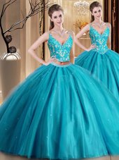 Spaghetti Straps Sleeveless Lace Up Quinceanera Dress Teal Tulle