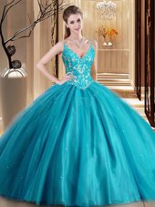 Tulle Spaghetti Straps Sleeveless Lace Up Beading and Lace and Appliques Quince Ball Gowns in Teal