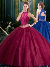 Romantic Halter Top Sleeveless Floor Length Appliques Lace Up Sweet 16 Quinceanera Dress with Burgundy