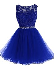 Exceptional Scoop Knee Length Zipper Cocktail Dresses Royal Blue and In for Prom and Party with Beading and Lace