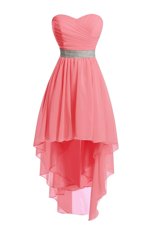 Watermelon Red Sleeveless High Low Belt Lace Up Celebrity Prom Dress