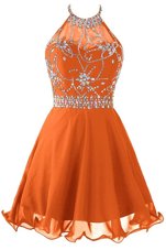 Colorful Orange A-line Halter Top Sleeveless Organza Mini Length Zipper Beading Party Dresses