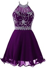 Clearance Halter Top Sleeveless Organza Mini Length Zipper Party Dresses in Purple for with Beading