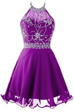Noble Halter Top Beading Juniors Party Dress Purple Zipper Sleeveless Mini Length