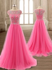 Fabulous Scoop Beading Homecoming Dress Rose Pink Zipper Cap Sleeves Brush Train