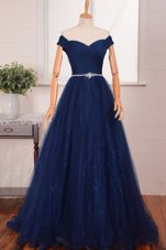 Suitable Navy Blue A-line Off The Shoulder Sleeveless Organza With Brush Train Zipper Belt Dress for Prom