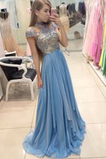 Scoop Blue A-line Beading Dress for Prom Zipper Organza Cap Sleeves With Train