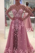 Colorful With Train Lilac Prom Evening Gown Tulle Sweep Train Long Sleeves Appliques