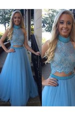 Baby Blue Organza Zipper High-neck Sleeveless Floor Length Dress for Prom Beading and Appliques