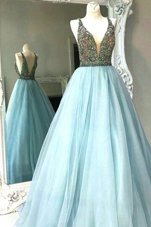 Floor Length Light Blue Dress for Prom Chiffon Sleeveless Beading