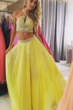 Free and Easy Halter Top Yellow Sleeveless Floor Length Beading Zipper Prom Party Dress