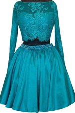 Dazzling Teal Satin Zipper Custom Made Long Sleeves Mini Length Beading and Lace