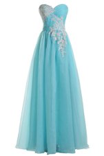 Blue Tulle Zipper Dress for Prom Sleeveless Floor Length Appliques