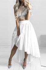 Scoop Cap Sleeves Prom Party Dress High Low Lace White Chiffon
