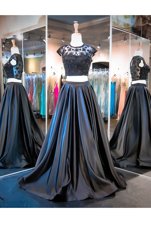 Brush Train Two Pieces Prom Evening Gown Black Scoop Taffeta Sleeveless With Train Clasp Handle