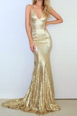 Hot Sale Mermaid Gold Criss Cross Homecoming Dress Sequins Sleeveless Sweep Train