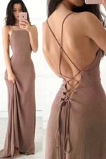 Amazing With Train Criss Cross Prom Dresses Brown and In for Prom with Ruching Sweep Train