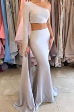 Perfect Mermaid Elastic Woven Satin One Shoulder Long Sleeves Side Zipper Ruching Prom Dresses in Silver