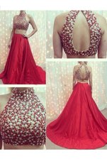 Simple Sleeveless With Train Beading Backless Womens Evening Dresses with Red Court Train
