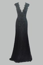 Black Column/Sheath Lace V-neck Cap Sleeves Beading and Lace Floor Length Zipper Evening Dress