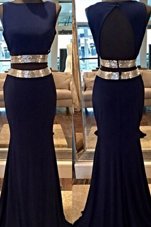 Mermaid Sleeveless Floor Length Sequins Backless Prom Gown with Navy Blue