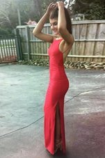 Mermaid Scoop Sleeveless Dress for Prom Floor Length Ruching Red Elastic Woven Satin