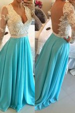 Baby Blue A-line Lace Prom Dresses Backless Chiffon Long Sleeves Floor Length