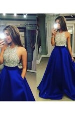 Halter Top Floor Length Backless Dress for Prom Blue and In for Prom and Party with Beading