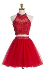 Custom Design Halter Top Red Sleeveless Beading Knee Length Party Dress Wholesale