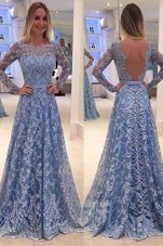Great Scoop Long Sleeves Lace Sweep Train Backless Dress for Prom in Blue for with Lace