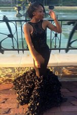 Mermaid Black Scoop Backless Lace Evening Gowns Sleeveless