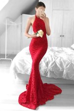 Inexpensive Mermaid Lace Red Halter Top Sleeveless Sweep Train Backless
