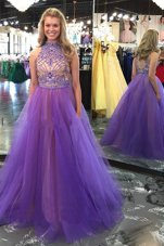 Hot Sale A-line Prom Dress Lavender Scoop Tulle Sleeveless Floor Length Backless