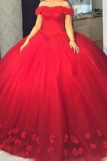 Tulle Off The Shoulder Short Sleeves Lace Up Hand Made Flower Pageant Dress for Girls in Red