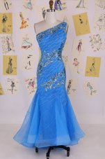 Hot Sale Mermaid Blue Chiffon Zipper One Shoulder Sleeveless Floor Length Prom Gown Beading