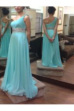 Fantastic Baby Blue One Shoulder Neckline Beading and Sashes|ribbons Prom Party Dress Sleeveless Side Zipper
