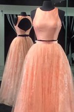 Wonderful Peach Backless Scoop Beading and Lace Prom Evening Gown Tulle Sleeveless