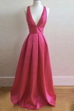 Cheap Hot Pink A-line Pleated Prom Party Dress Criss Cross Satin Sleeveless Floor Length