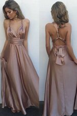 Luxurious V-neck Sleeveless Satin Prom Gown Pleated Criss Cross