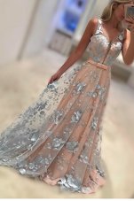 Simple Bateau Sleeveless Prom Party Dress With Train Sweep Train Lace and Bowknot Peach Lace