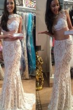 Eye-catching Mermaid Scoop White Sleeveless Lace Brush Train Zipper Evening Dress for Prom