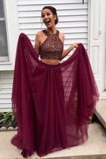 Fitting Burgundy Tulle Backless Halter Top Sleeveless With Train Prom Dress Sweep Train Beading