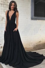 Perfect Black Prom Dress Prom and For with Ruching V-neck Sleeveless Court Train Backless