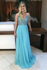Romantic Baby Blue A-line Beading Dress for Prom Backless Chiffon Sleeveless With Train