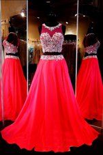 Black Two Pieces Halter Top Sleeveless Chiffon With Train Court Train Zipper Beading Prom Gown