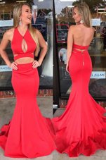 Traditional Red Mermaid V-neck Sleeveless Elastic Woven Satin Sweep Train Backless Ruching Prom Dress